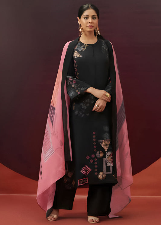 Black Printed Unstitched Cotton Satin Suit Fabric Material for Women