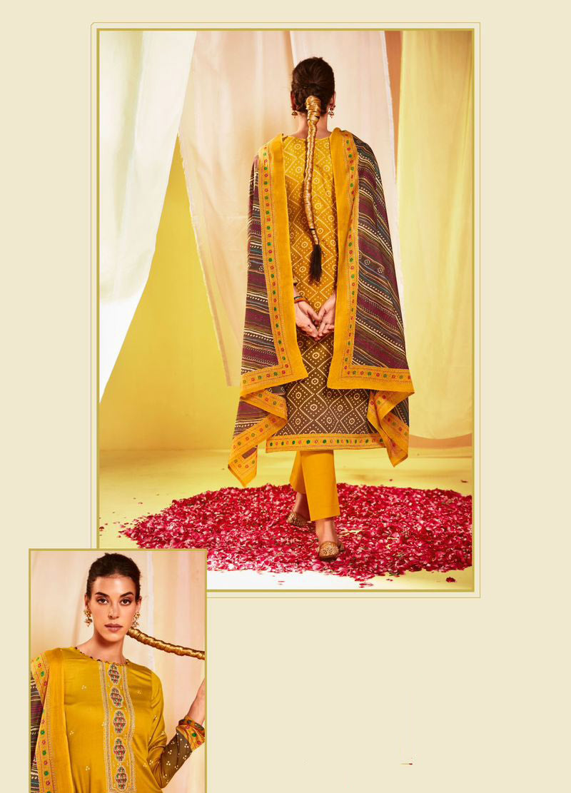 Embroidered Cotton Satin Unstitched Suit Set Yellow Mumtaz Arts