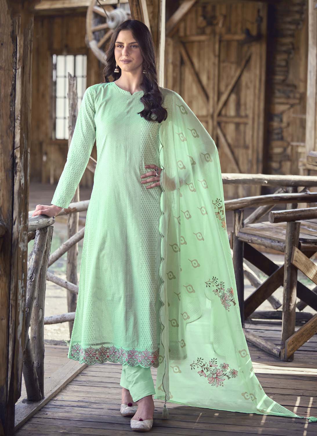 Pure Cotton Party Wear Cotton Women Unstitched Salwar Suit Green Kaavish