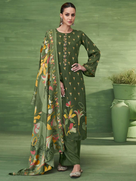 Green Unstitched Pashmina Winter Suit Material with Embroidery for Women