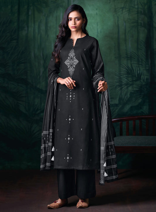 Ganga Unstitched Black Cotton Salwar Suit Material with Hand Embroidery