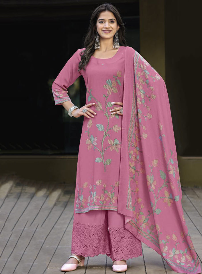 Ethnic Pink Pure Cotton Unstitched Salwar Suit Material for Women
