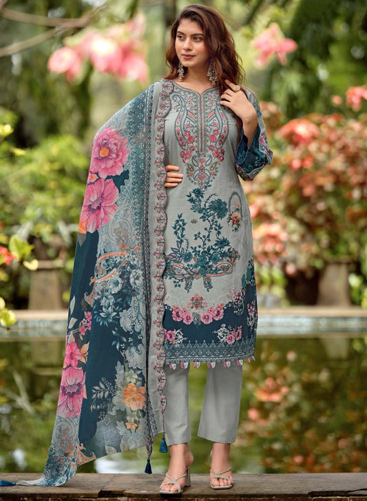 Grey Embroidered Unstitched Pakistani Pure Cotton Suit Dress Material