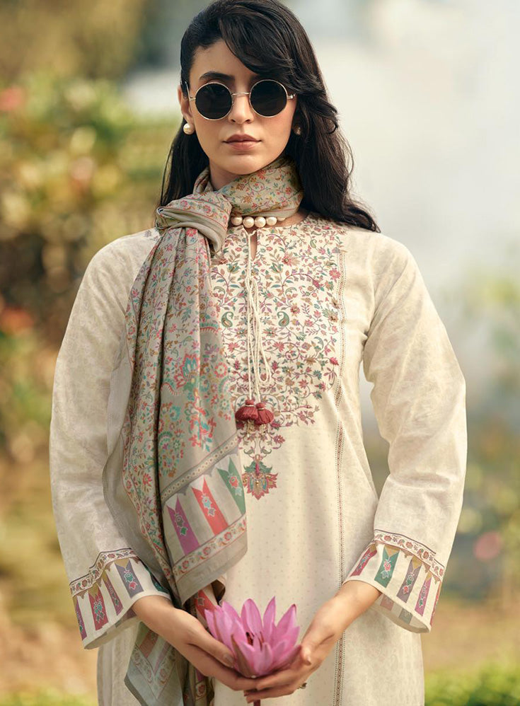 Off-White Lawn Cotton Unstitched Suit Dress Material for Women