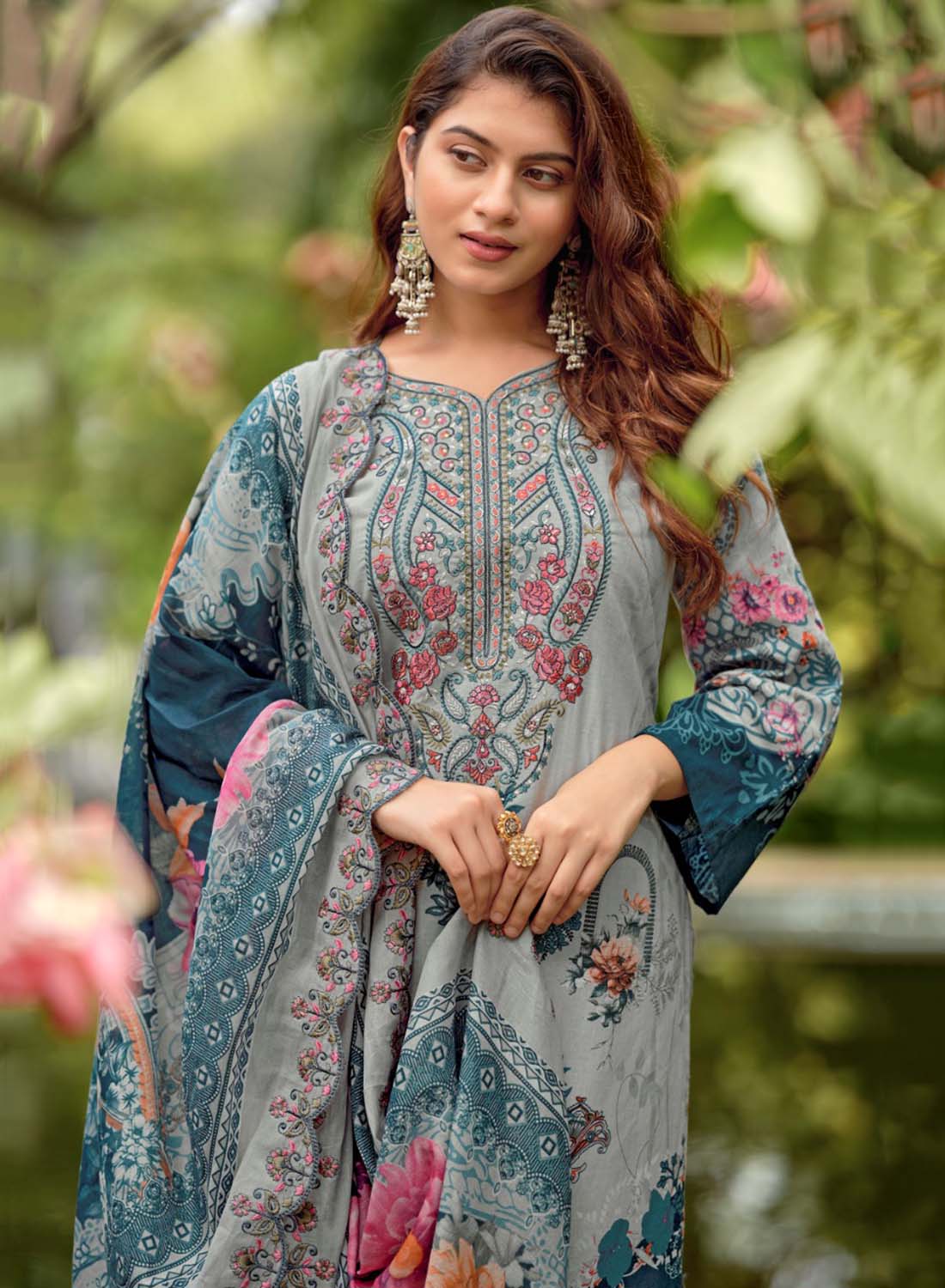Grey Embroidered Unstitched Pakistani Pure Cotton Suit Dress Material