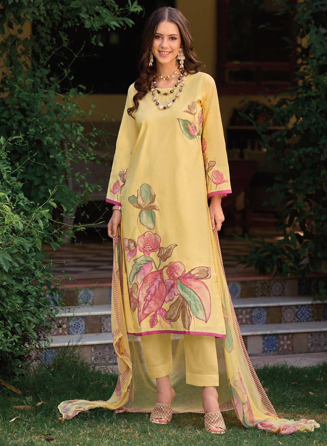 Kilory Pure Lawn Cotton Yellow Unstitched Suit Dress Material for Women
