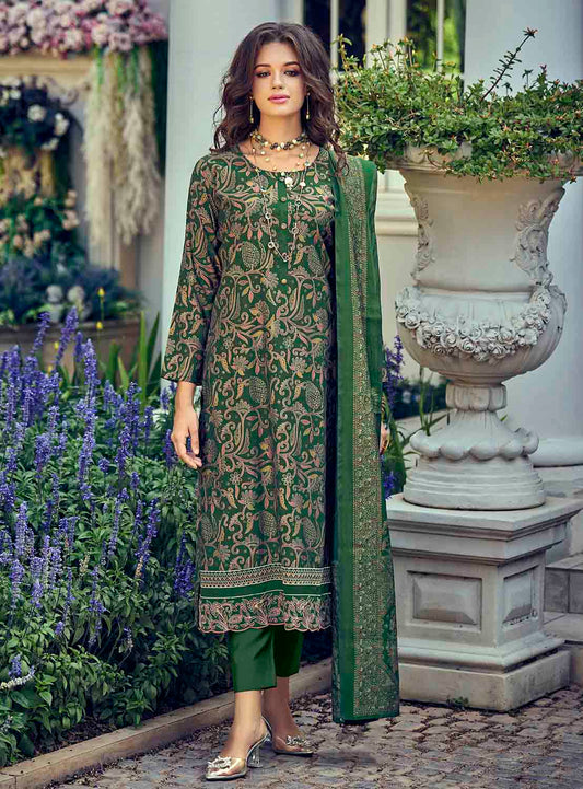 Pure Muslin Green Unstitched Suit Material with Fancy Embroidery