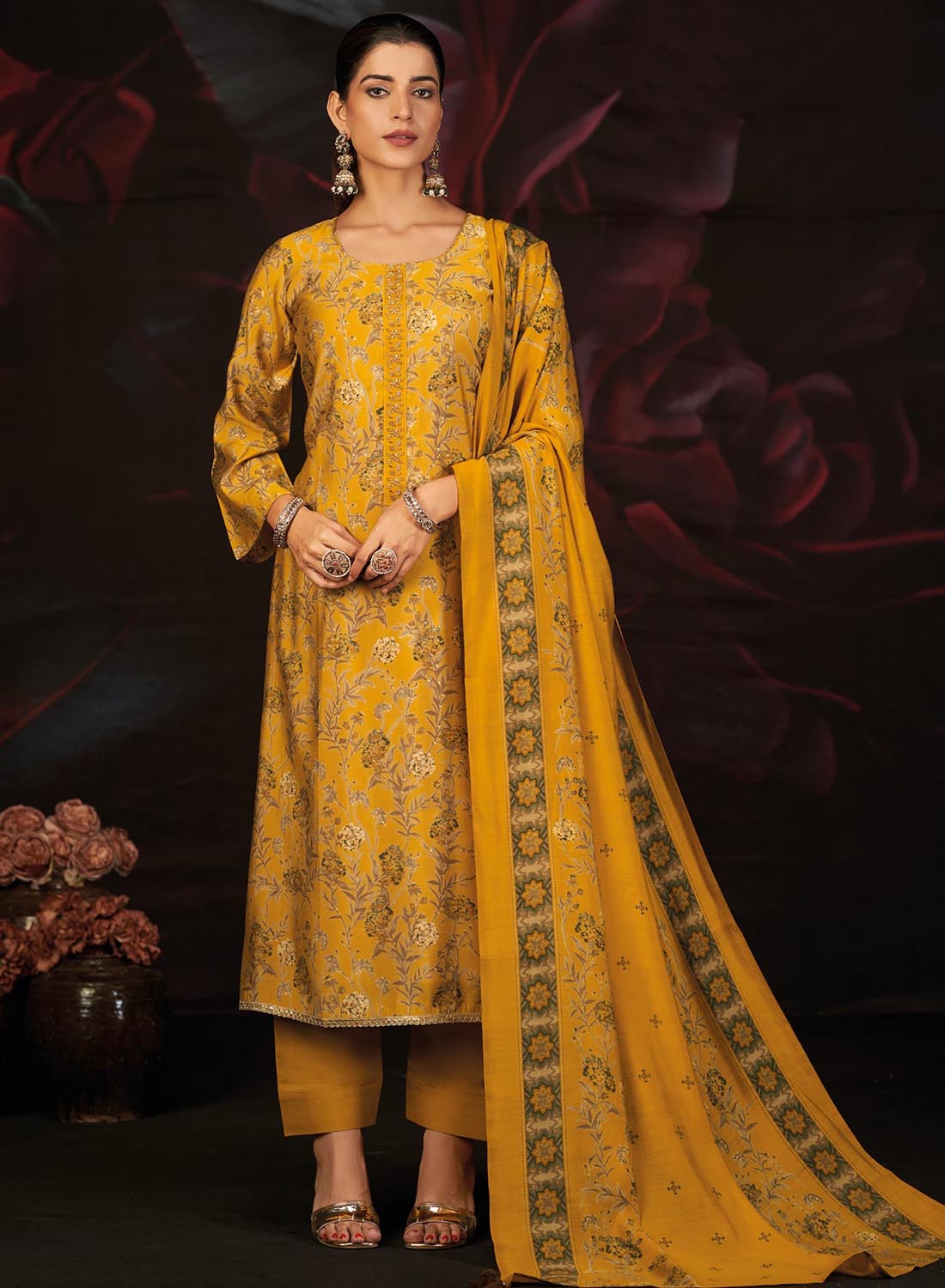 Women's Pure Muslin Silk Unstitched Suit Set Dress Material with Dupatta