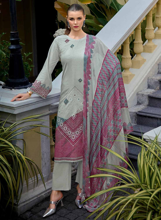 Women's Latest Grey Unstitched Lawn Cotton Salwar Suit Material