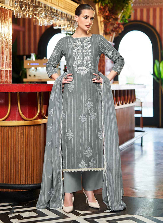 Grey Pure Lawn Cotton Unstitched Salwar Suit Material for Women