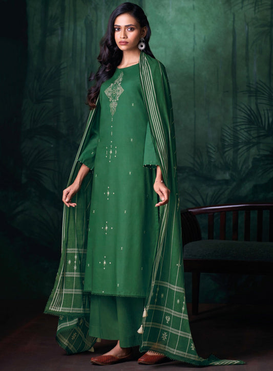 Ganga Green Unstitched Cotton Salwar Suit Material with Hand Embroidery