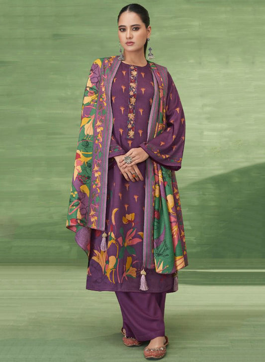 Unstitched Pashmina Winter Suit Material with Embroidery for Women