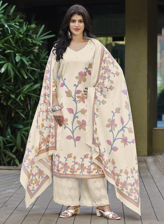 Off-White Pashmina Winter Unstitched Salwar Suit Material for Women