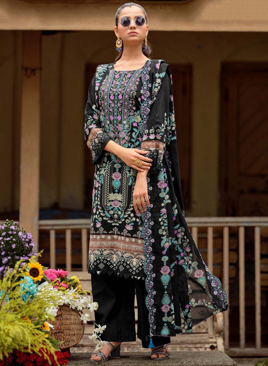 Black Embroidered Unstitched Pakistani Pure Cotton Suit Dress Material