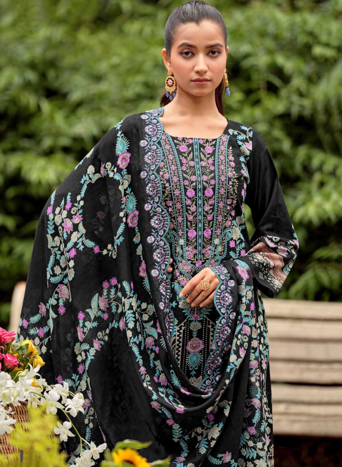 Black Embroidered Unstitched Pakistani Pure Cotton Suit Dress Material