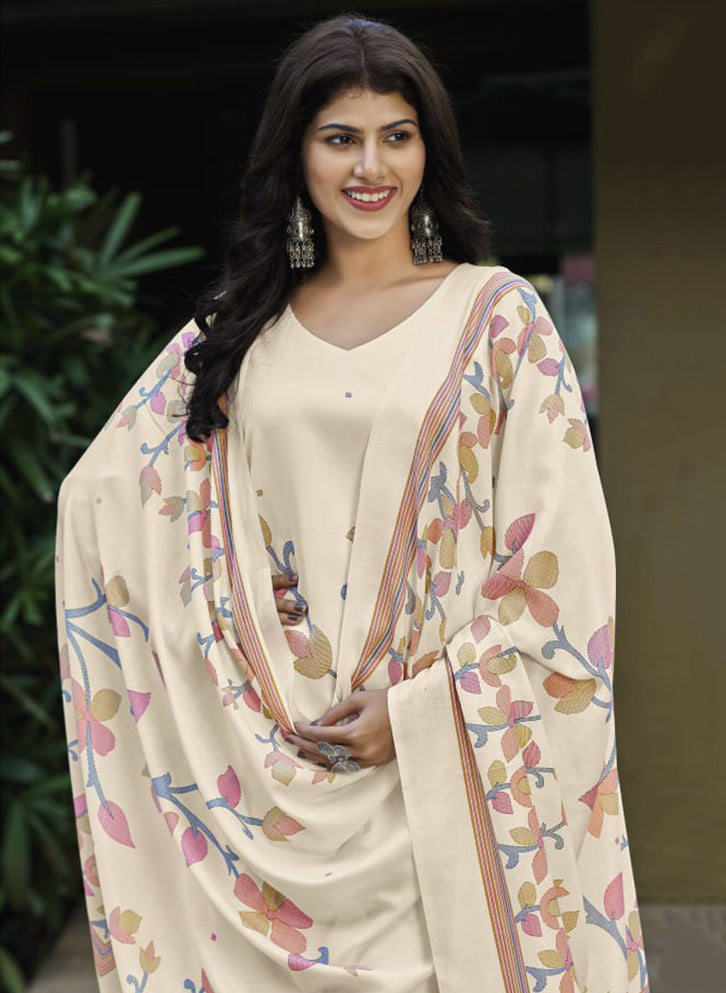Off-White Pashmina Winter Unstitched Salwar Suit Material for Women