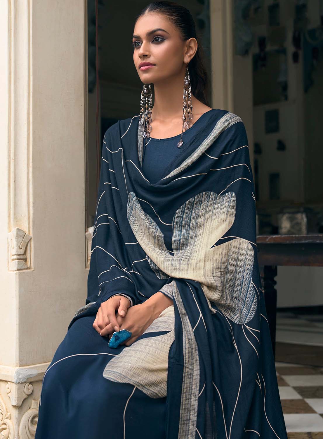 Fancy Blue Unstitched Pashmina Winter Suit Dress Material for Women