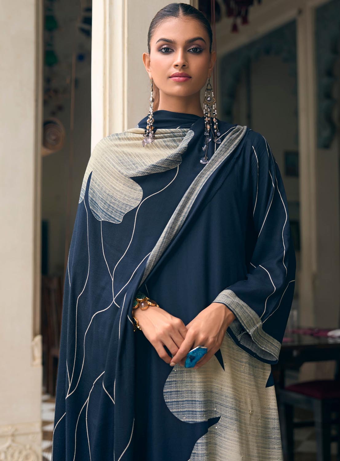 Fancy Blue Unstitched Pashmina Winter Suit Dress Material for Women