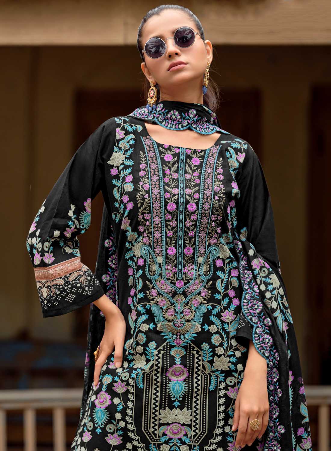Black Embroidered Unstitched Pakistani Pure Cotton Suit Dress Material