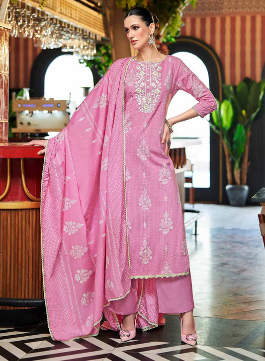Pink Pure Lawn Cotton Unstitched Salwar Suit Material for Women
