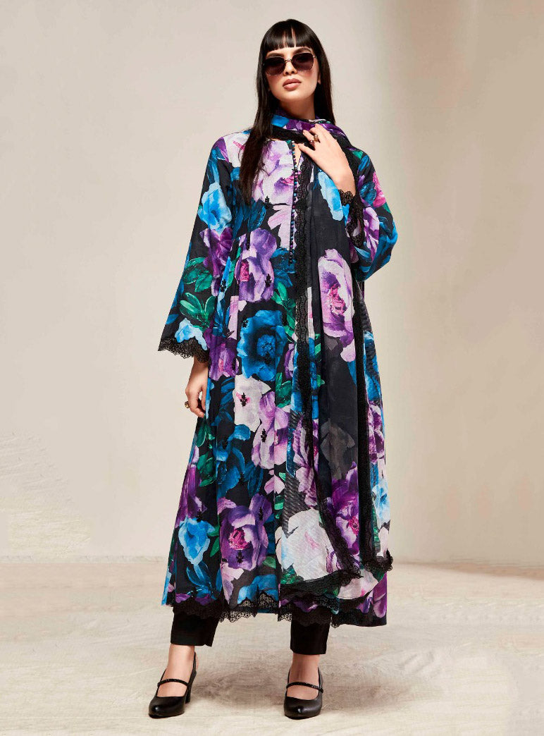 Kimora Pure Linen Black Unstitched Suit Dress Material with Embroidery