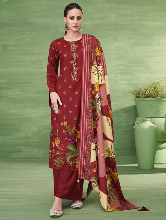 Red Unstitched Pashmina Winter Suit Material with Embroidery for Women