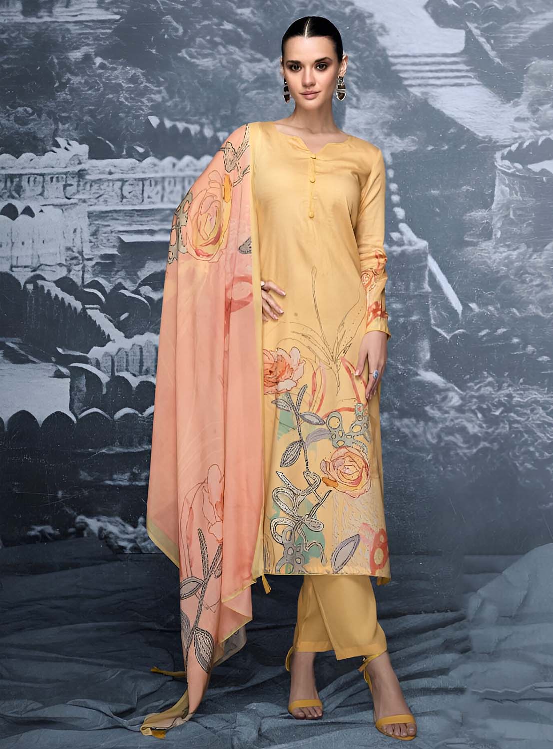 Pure Jam Silk Printed Unstitched Suit Material with Chiffon Dupatta