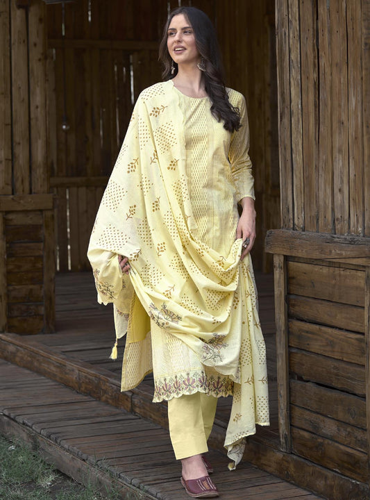 Pure Cotton Party Wear Cotton Women Unstitched Salwar Suit Yellow