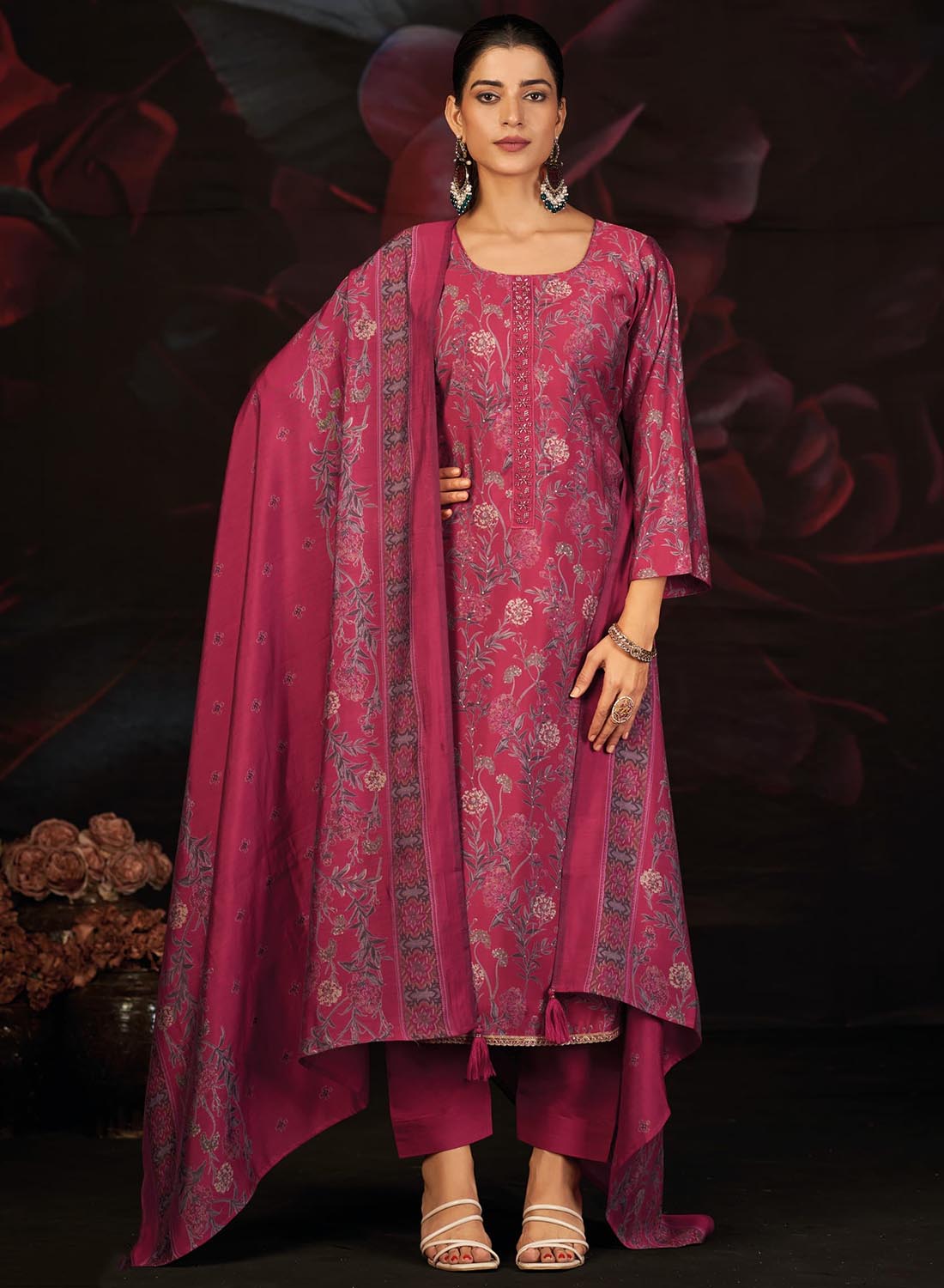 Women's Pink Pure Muslin Silk Unstitched Suit Set Dress Material