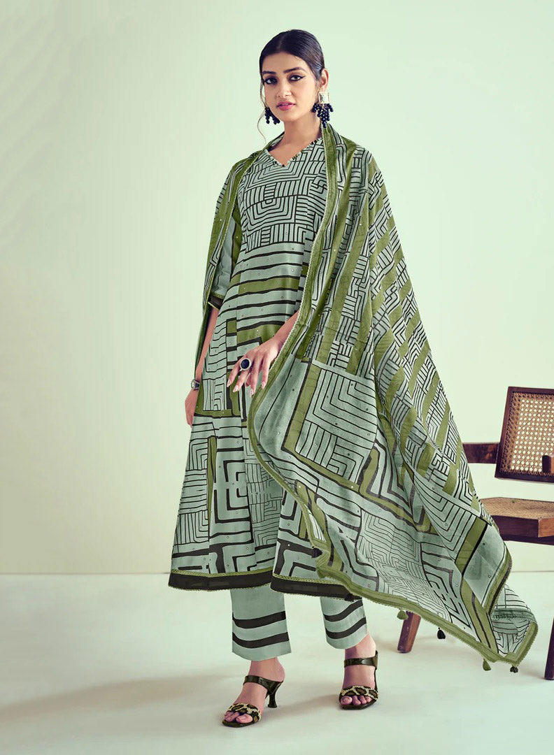 Green Unstitched Pure Cotton Printed Suit Material for Women