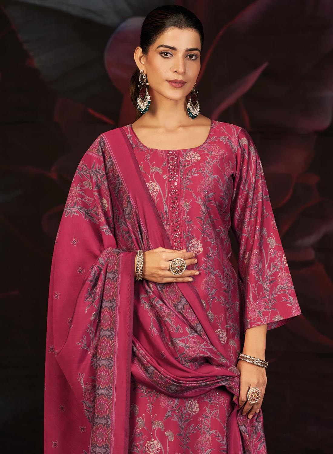 Women's Pink Pure Muslin Silk Unstitched Suit Set Dress Material