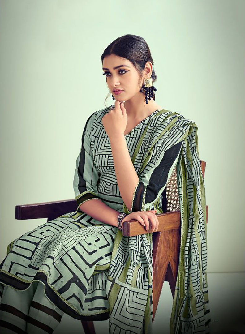 Green Unstitched Pure Cotton Printed Suit Material for Women