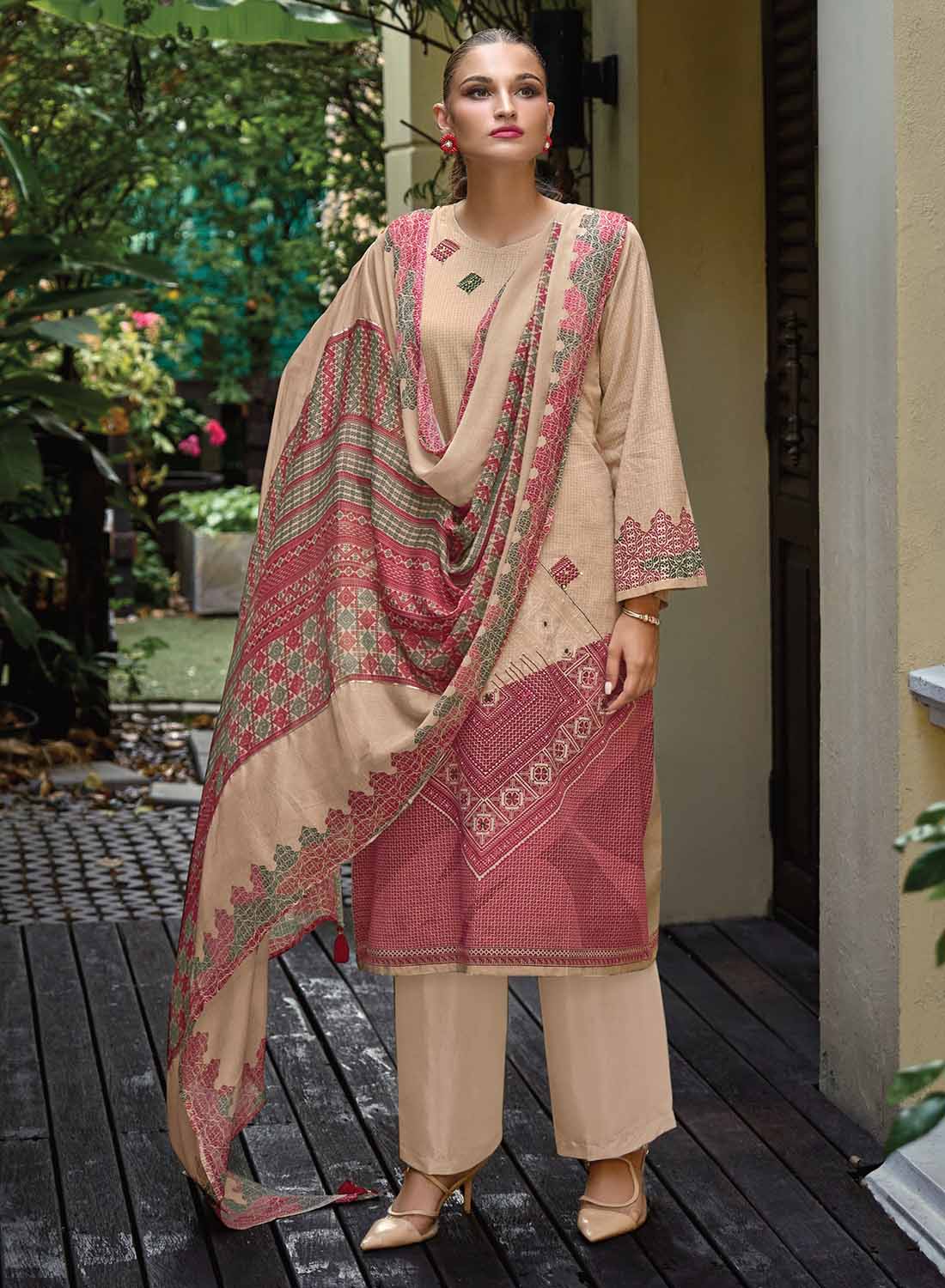 Women's Brown Unstitched Lawn Cotton Salwar Suit Material