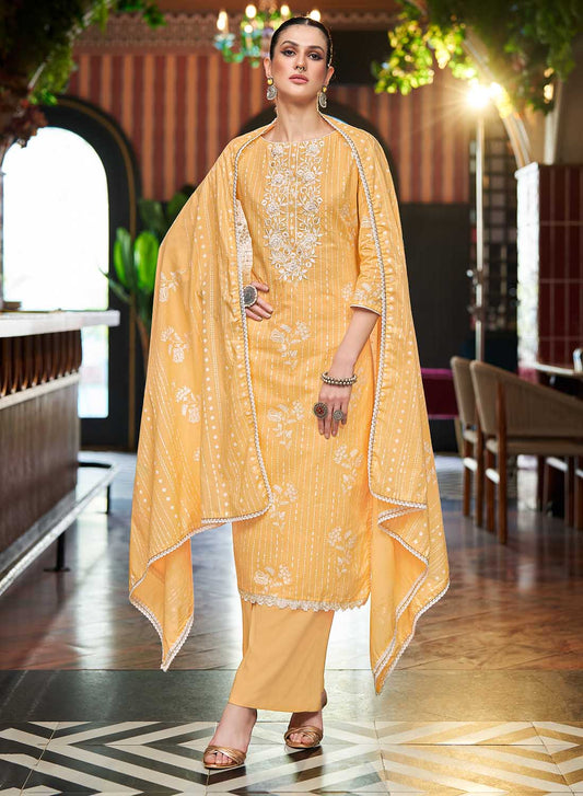 Yellow Pure Lawn Cotton Unstitched Salwar Suit Material for Women