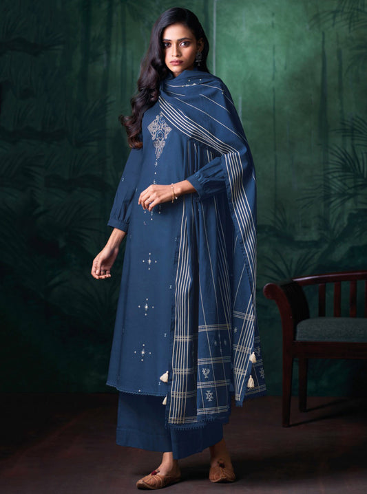 Ganga Blue Unstitched Cotton Salwar Suit Material with Hand Embroidery