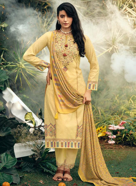 Pastel Yellow Cotton Unstitched Suit Dress Material for Women