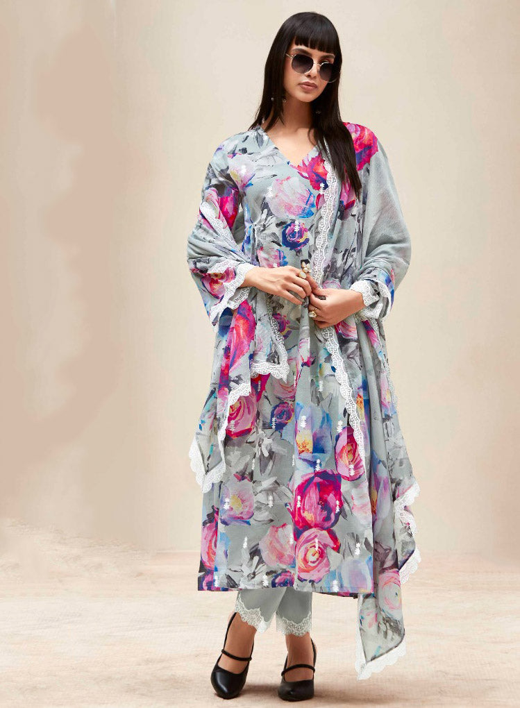 Kimora Pure Linen Grey Unstitched Suit Dress Material with Embroidery