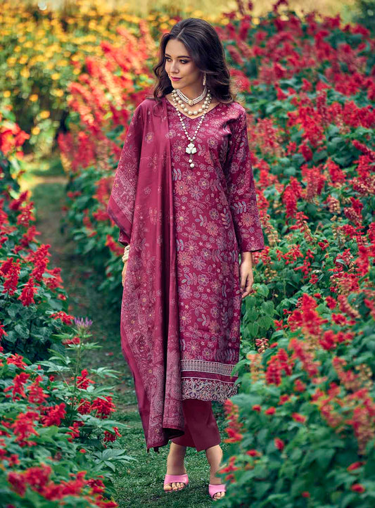 Pure Muslin Pink Unstitched Suit Material with Fancy Embroidery IBIZA