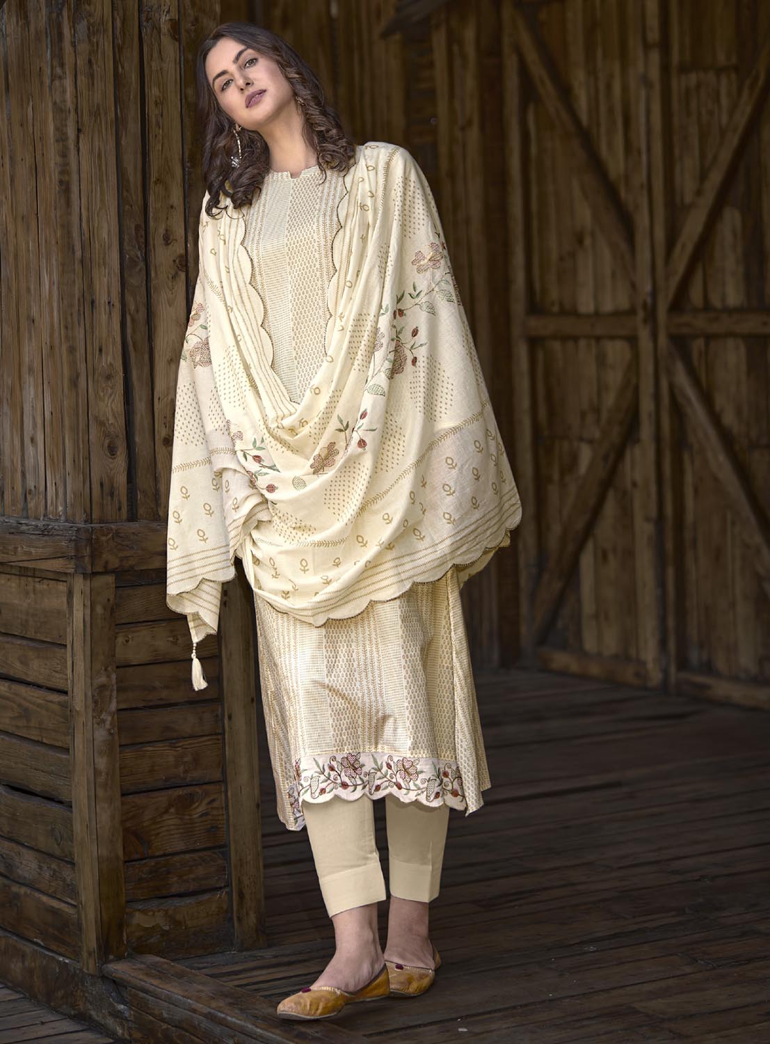 Pure Cotton Party Wear Cotton Women Unstitched Salwar Suit Cream