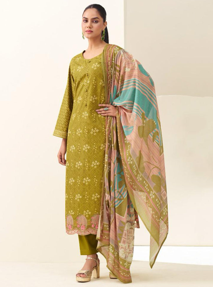 Pure Cambric Cotton Green Unstitched Suit Material with Embroidery