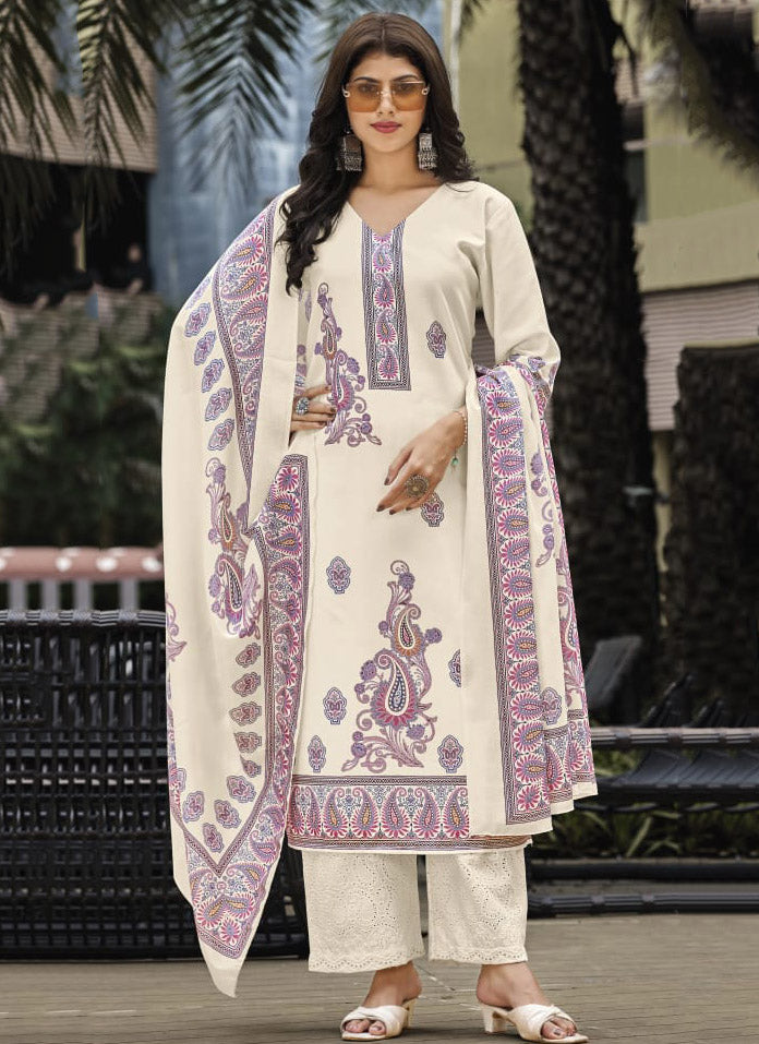 Soft Off-White Pure Cotton Unstitched Salwar Suit Material for Women