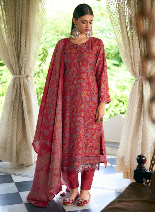 Pure Modal Silk Red Unstitched Suit Material with Fancy Embroidery