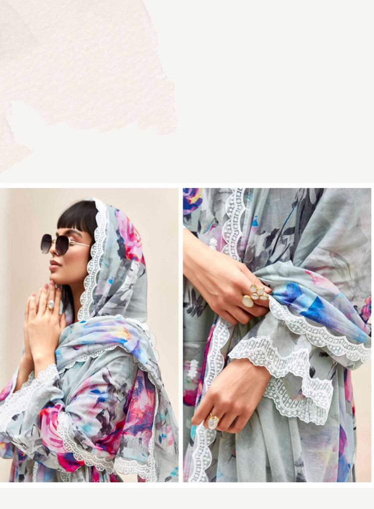 Kimora Pure Linen Grey Unstitched Suit Dress Material with Embroidery