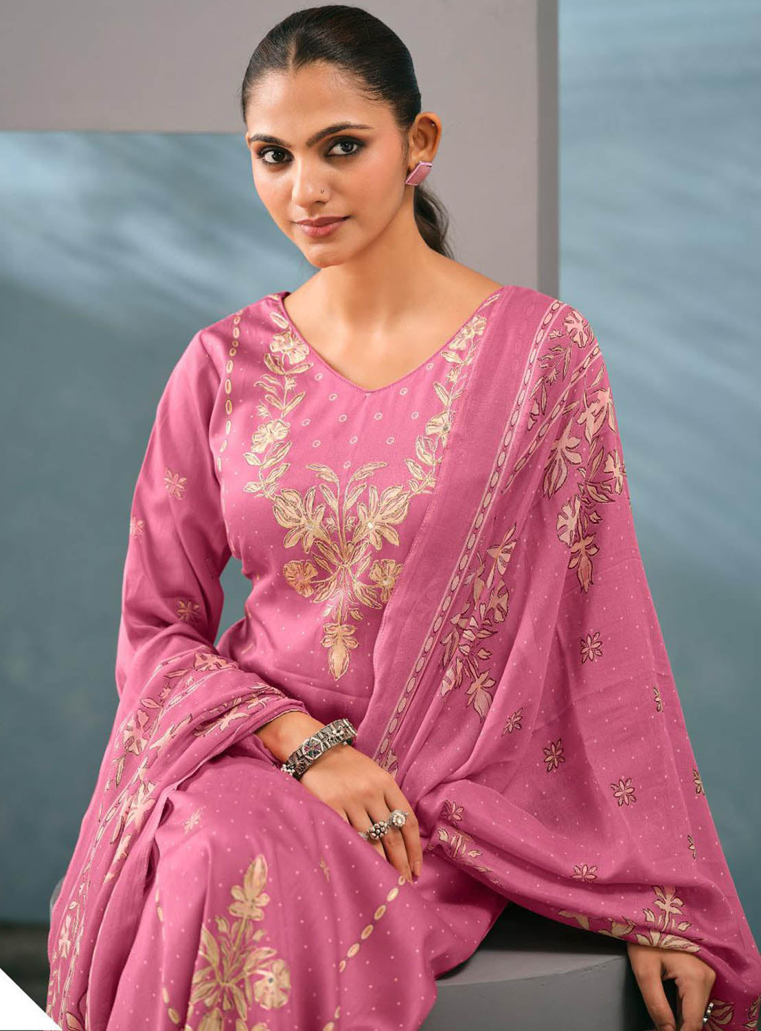 Party Wear Pink Unstitched Cotton Satin Suit Material with Muslin Dupatta