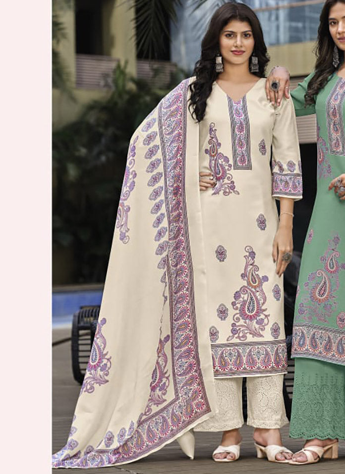 Off-White Pashmina Winter Unstitched Salwar Suit Set Material for Women