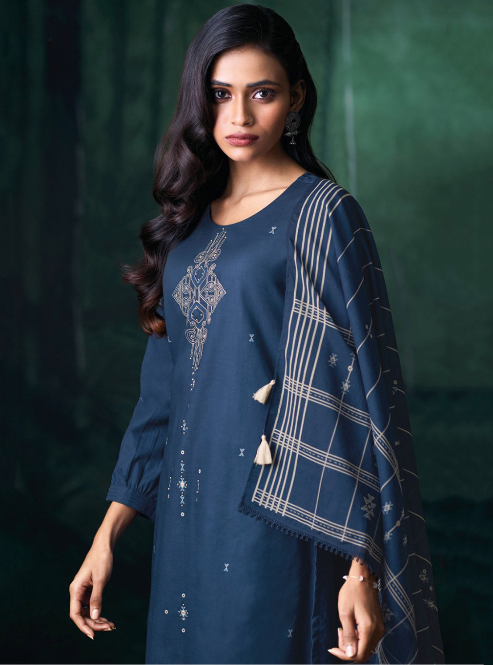 Ganga Blue Unstitched Cotton Salwar Suit Material with Hand Embroidery