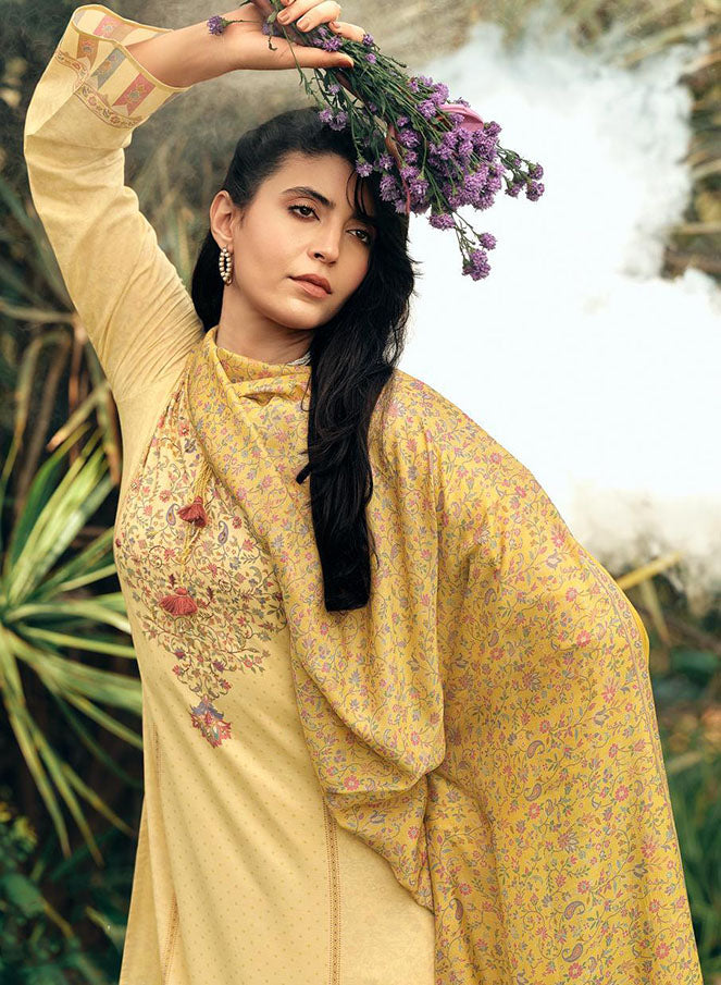 Pastel Yellow Cotton Unstitched Suit Dress Material for Women