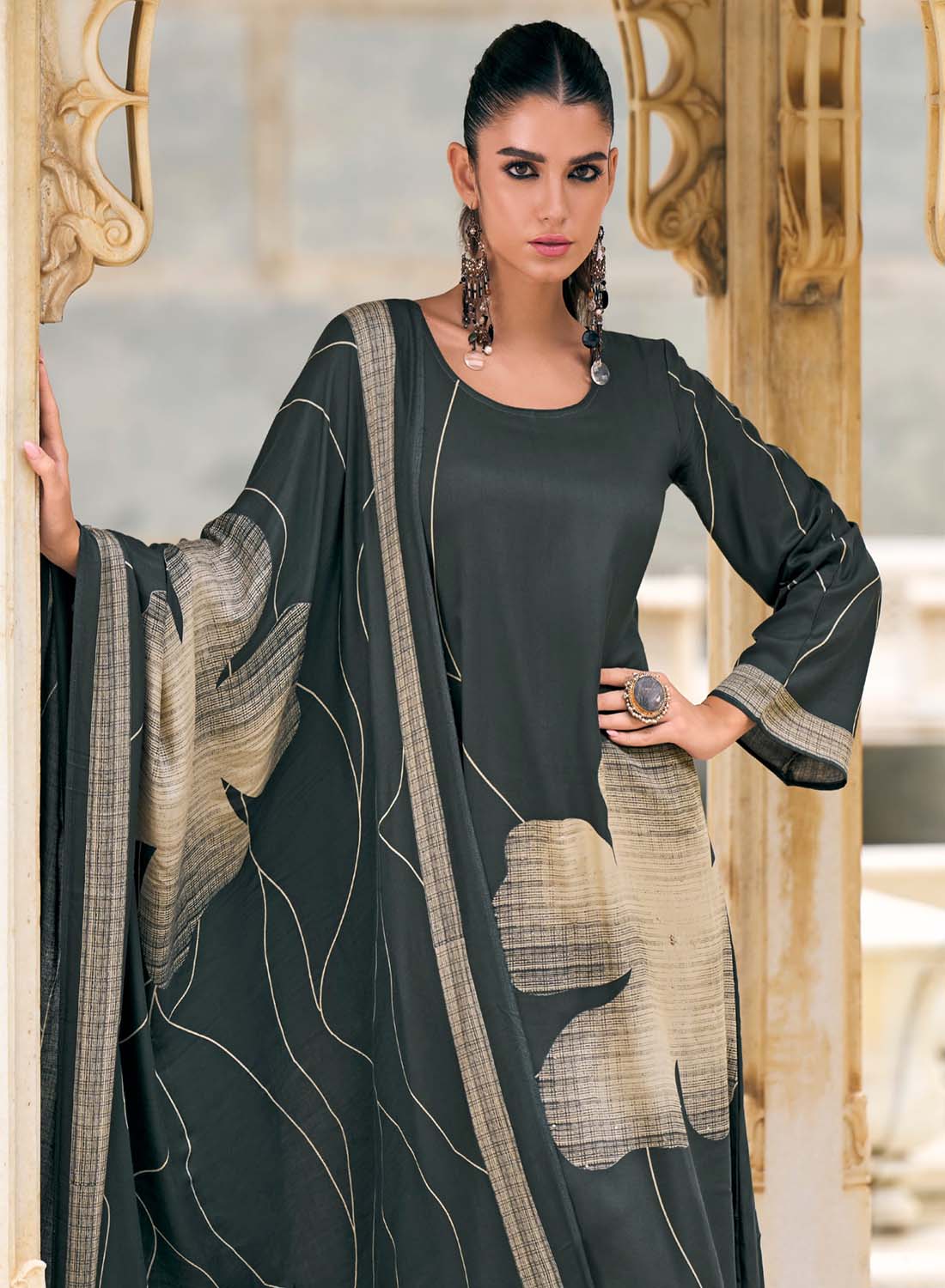 Fancy Grey Unstitched Pashmina Winter Suit Dress Material for Women