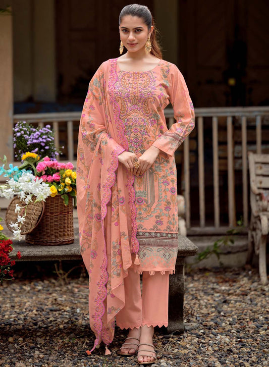 Embroidered Unstitched Pakistani Pure Cotton Suit Dress Material Orange