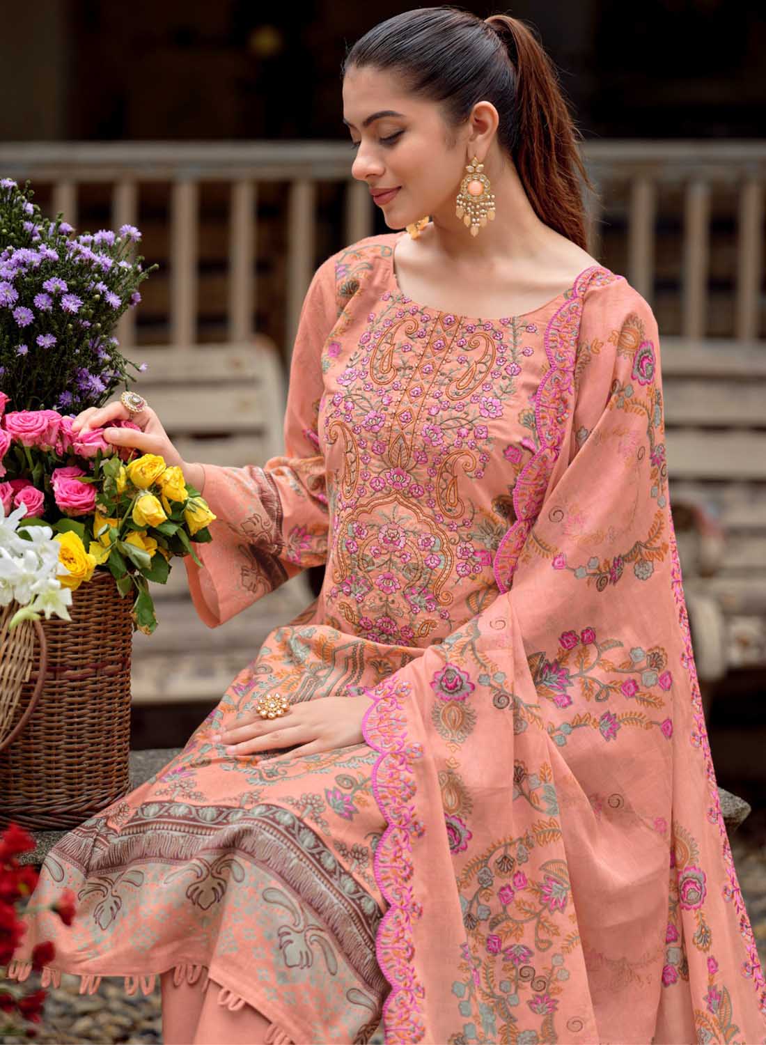 Embroidered Unstitched Pakistani Pure Cotton Suit Dress Material Orange